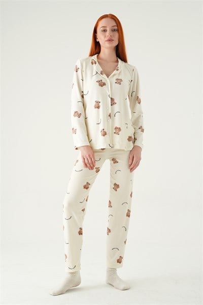 Krem Ayıcık Desen Düğmeli Pijama Takımı 3421