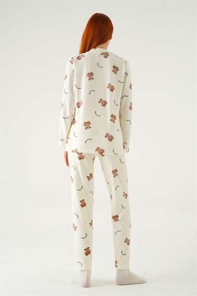 Krem Ayıcık Desen Düğmeli Pijama Takımı 3421