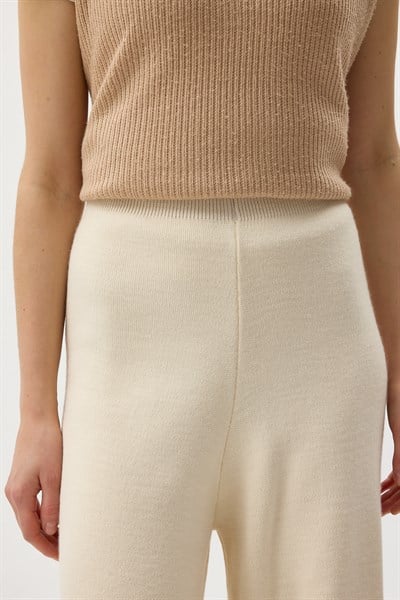Krem Geniş Paça Triko Kadın Pantolon 23274
