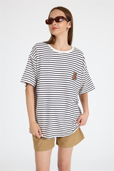 Laci Ayı Nakışlı Çizgili Oversize Tişört 3083