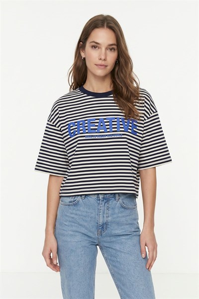 Laci Bisiklet Yaka Kısa Kol Çizgili Crop Tişört 8325