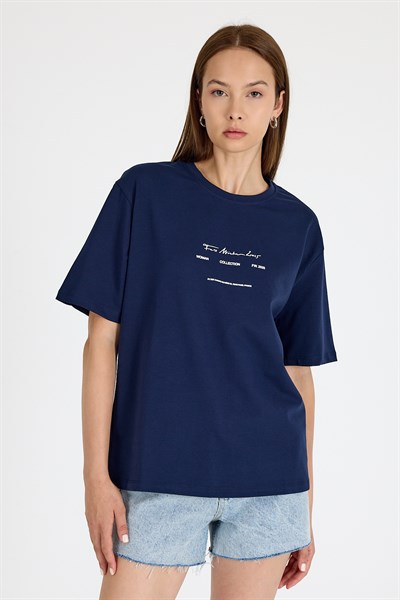 Laci Bisiklet Yaka Yazı Baskılı Oversize Tişört 5832