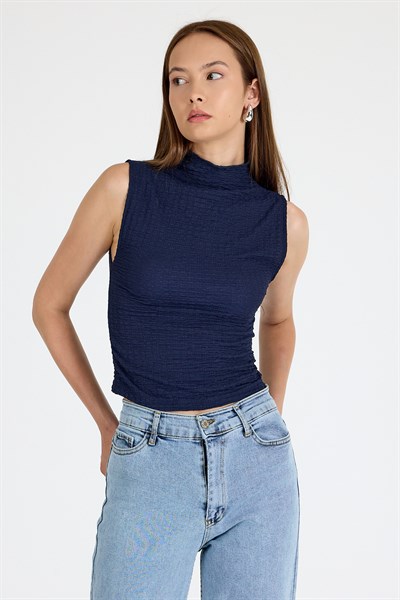 Laci Bürümcük Kumaş Dik Yaka Kolsuz Bluz 3458