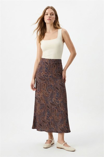 Laci-Kahve Yaprak Desenli Etek 3507