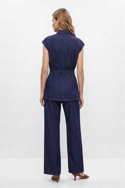 Laci Kuşaklı Sıfır Kol Jean Ceket Pantolon Takım 002