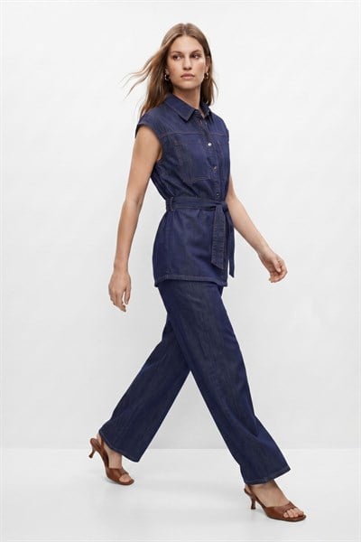 Laci Kuşaklı Sıfır Kol Jean Ceket Pantolon Takım 002