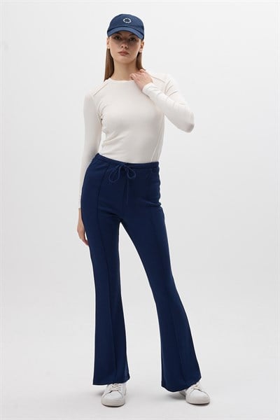 Lacivert Geniş Paça Beli Bağcıklı Kadın Pantolon 8246A