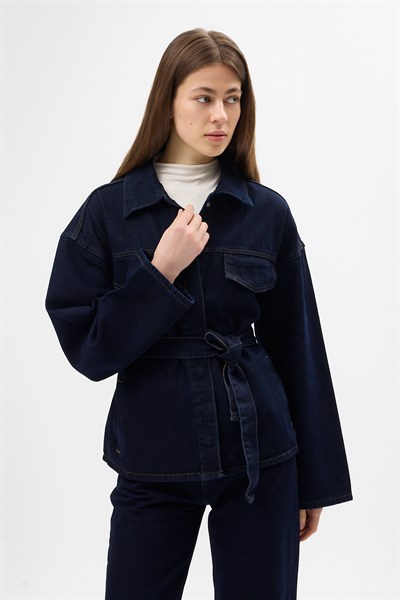 Lacivert Kuşaklı Jean Ceket ve Geniş Paça Pantolon Kadın Takım 3498