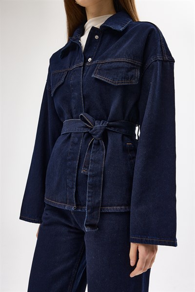 Lacivert Kuşaklı Jean Ceket ve Geniş Paça Pantolon Kadın Takım 3498