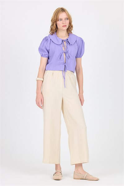 Lila Bağlama Detaylı Bebe Yaka Crop Bluz 8064
