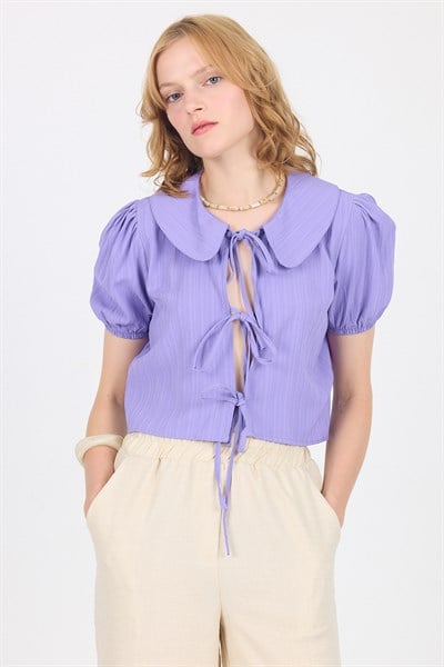 Lila Bağlama Detaylı Bebe Yaka Crop Bluz 8064