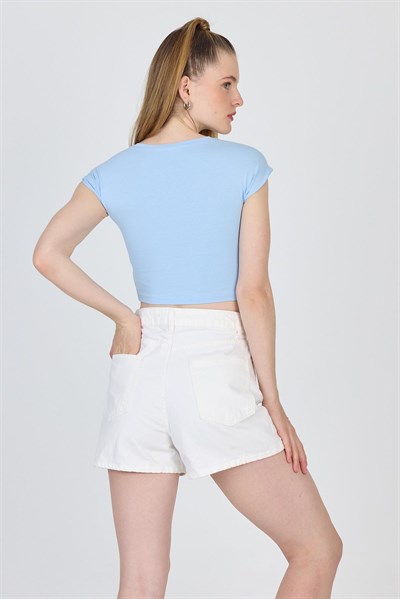 Mavi Bisiklet Yaka Pamuklu Slim Fit Crop Tişört 9199M