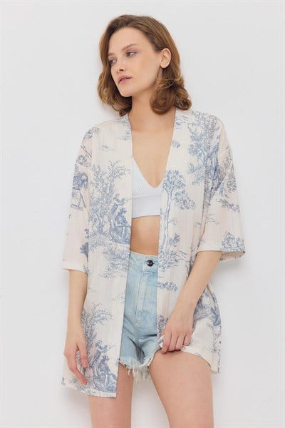 Mavi Çiçekli Kısa Kol Kimono 4441A