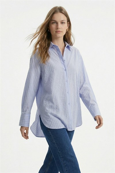 Mavi Çizgili Oversize Gömlek 5460