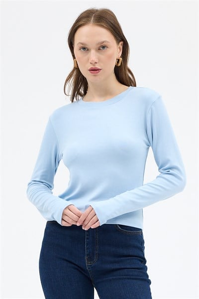 Mavi Premium/Viskoz Yumuşak Kumaşlı Parmak Geçmeli Crop Bluz 8162A