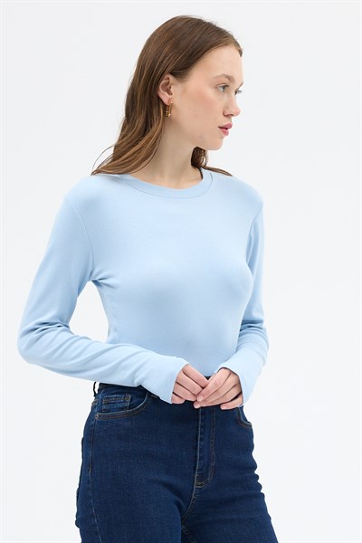 Mavi Premium/Viskoz Yumuşak Kumaşlı Parmak Geçmeli Crop Bluz 8162A