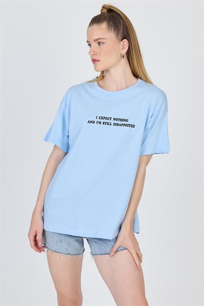 Mavi Yazı Baskılı %100 Pamuk Oversize Tişört 2150-8M
