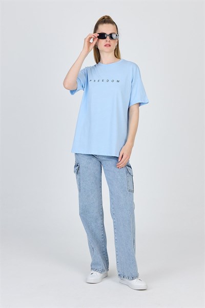 Mavi Yazı Baskılı %100 Pamuk Oversize Tişört 2150-3M
