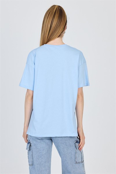 Mavi Yazı Baskılı %100 Pamuk Oversize Tişört 2150-3M