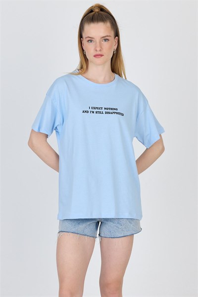 Mavi Yazı Baskılı %100 Pamuk Oversize Tişört 2150-8M