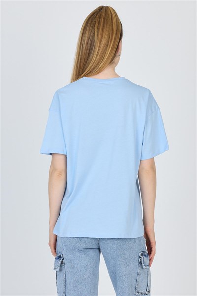 Mavi Yazı Baskılı %100 Pamuk Oversize Tişört 2150-7M