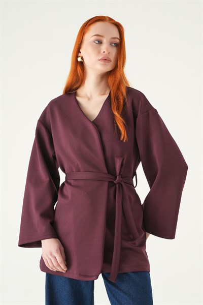 Mürdüm Kuşaklı Geniş Kol Kimono 3068A
