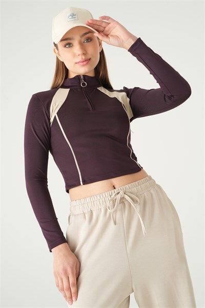 Mürdüm Şeritli Fermuarlı Sweat 8326A