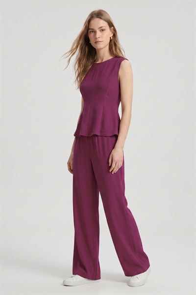 Mürdüm Sıfır Kol Peplum Bluz Bol Paça Pantolon Takım 18007