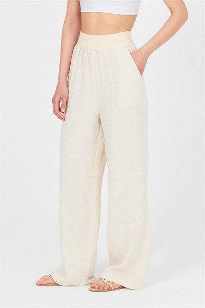 Natural Bel Lastikli Müslin Keten Bol Paça Pantolon 4719A