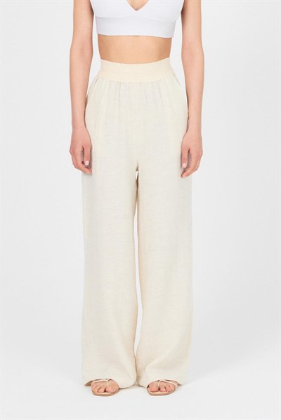 Natural Bel Lastikli Müslin Keten Bol Paça Pantolon 4719A