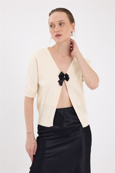 Natural Fiyonk Detaylı Crop Triko Kadın Bluz 2415