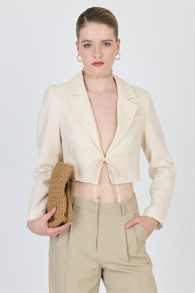 Natural Keten Görünümlü %100 Pamuk Bağlama Detaylı Crop Blazer Ceket 7070