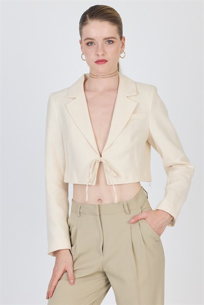 Natural Keten Görünümlü %100 Pamuk Bağlama Detaylı Crop Blazer Ceket 7070