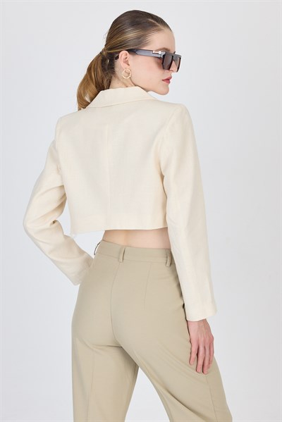 Natural Keten Görünümlü %100 Pamuk Bağlama Detaylı Crop Blazer Ceket 7070