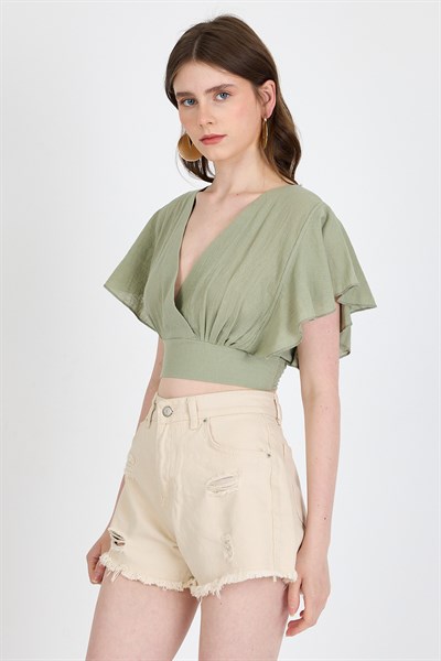 Olive Yeşili Keten Görünümlü %100 Pamuk Fırfır Kol Detaylı Crop Bluz 6942