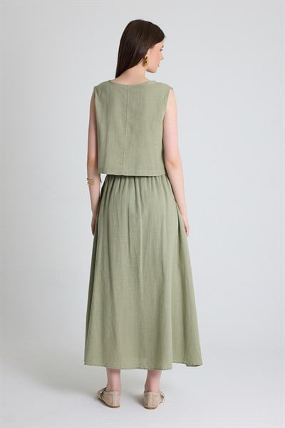 Olive Yeşili Keten Görünümlü %100 Pamuk Kolsuz Crop Bluz 3419-1
