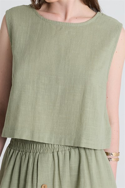 Olive Yeşili Keten Görünümlü %100 Pamuk Kolsuz Crop Bluz 3419-1