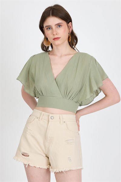 Olive Yeşili Keten Görünümlü %100 Pamuk Fırfır Kol Detaylı Crop Bluz 6942