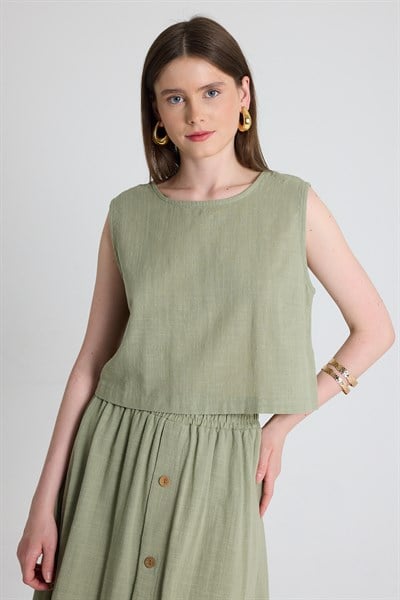 Olive Yeşili Keten Görünümlü %100 Pamuk Kolsuz Crop Bluz 3419-1