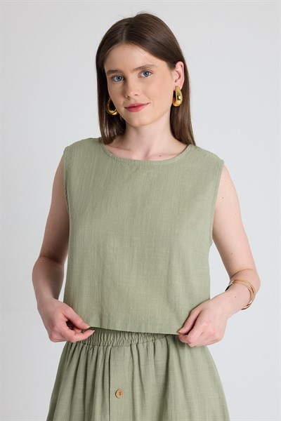 Olive Yeşili Keten Görünümlü %100 Pamuk Kolsuz Crop Bluz 3419-1