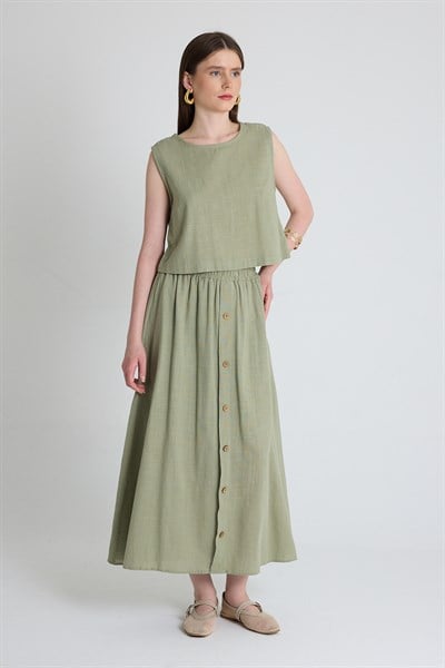 Olive Yeşili Keten Görünümlü %100 Pamuk Kolsuz Crop Bluz 3419-1