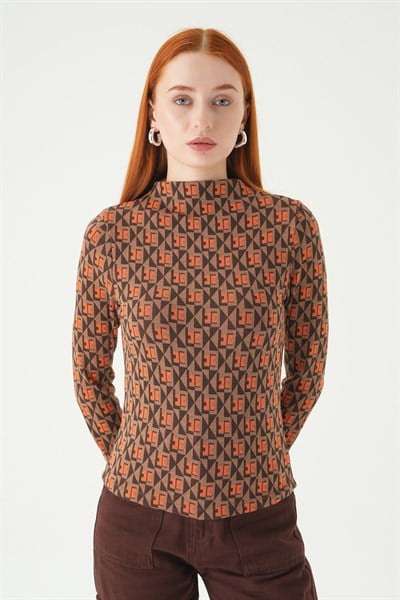 Orange Desenli Dik Yaka Bluz 242143