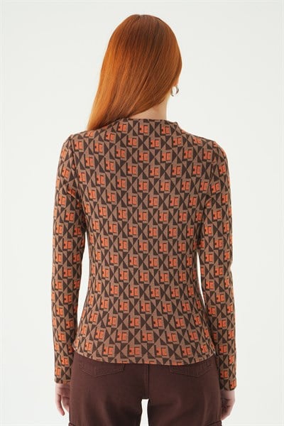 Orange Desenli Dik Yaka Bluz 242143