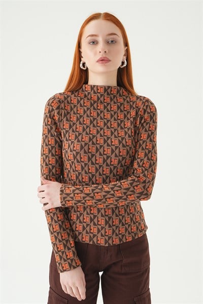 Orange Desenli Dik Yaka Bluz 242143