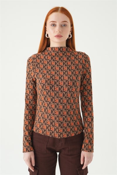 Orange Desenli Dik Yaka Bluz 242143