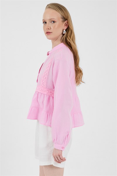 Pembe %100 Pamuk Dantel Detaylı Müslin Gömlek 4823A