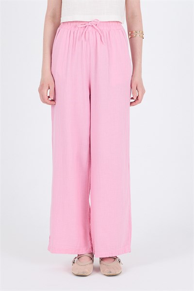 Pembe  %100 Pamuk Müslin Palazzo/Bol Paça Pantolon 8056A