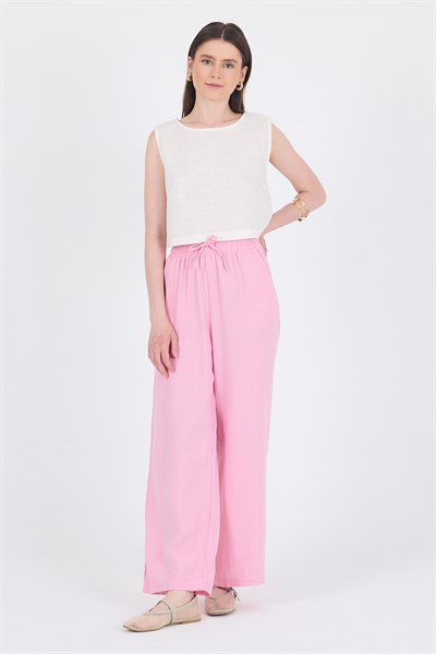 Pembe  %100 Pamuk Müslin Palazzo/Bol Paça Pantolon 8056A