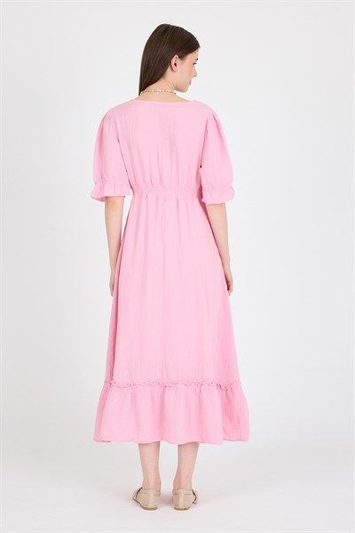 Pembe %100 Pamuk Müslin V Yaka Bel Lastikli Midi Elbise 4780A