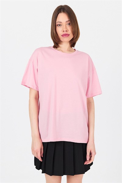 Pembe Arka Yazı Baskılı Kalpli %100 Pamuk Oversize Tişört 2150-33M